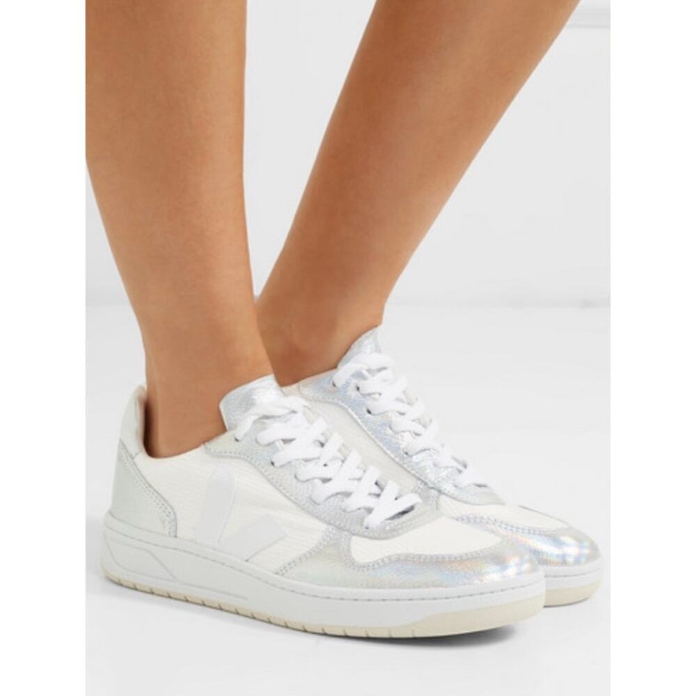 Veja White and Silver Iridescent Sneakers